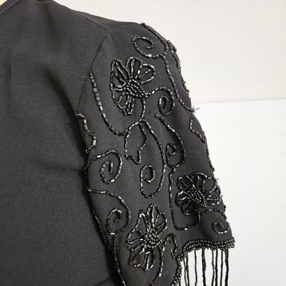 NEW Eva Blue Black Dressy Shrug Cardigan with Embellished Fringe Sleeves Size 6 - Picture 6 of 12